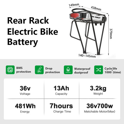 36V13Ah/15.6Ah/17.4Ah E-Bike Lithium-ion Rear Battery fit for 26"-28" Bike