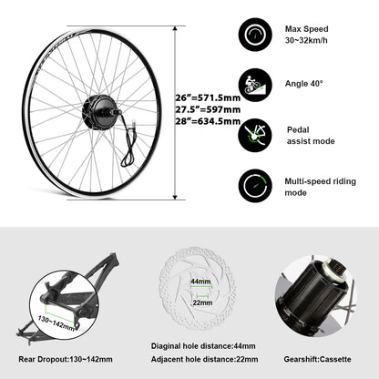 36V350W 26"/27.5"/28" Rear E-Bike Conversion Kit for Cassette with 36V13Ah HL1 Battery