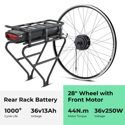 36V250W 28"(700C) 44NM Front Motor Kit R1 with 36V 13Ah Rear Battery with Rack fit for Bike with Disc/V-brake