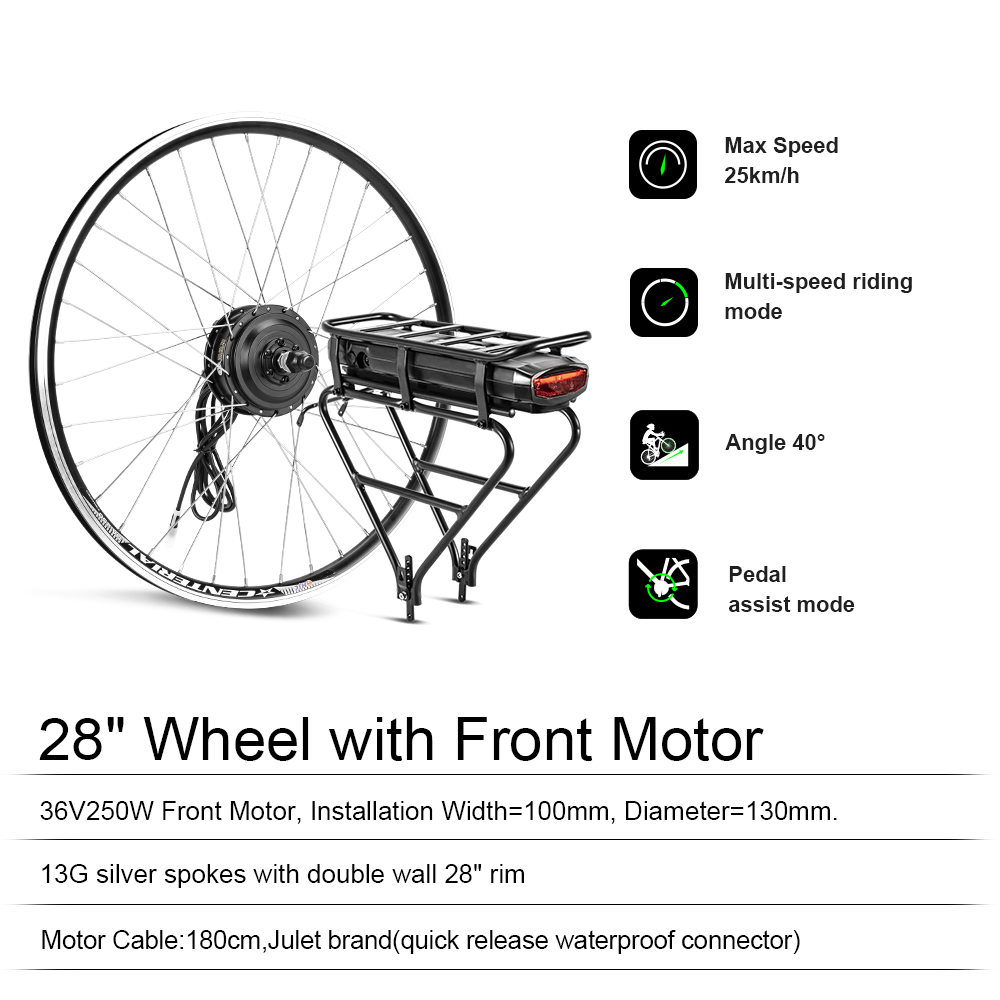 36V250W 28"(700C) 44NM Front Motor Kit R1 with 36V 13Ah Rear Battery with Rack fit for Bike with Disc/V-brake