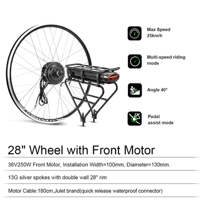 36V250W 28"(700C) 44NM Front Motor Kit R1 with 36V 13Ah Rear Battery with Rack fit for Bike with Disc/V-brake