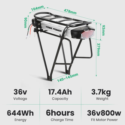 36V13Ah/15.6Ah/17.4Ah E-Bike Lithium-ion Rear Battery fit for 26"-28" Bike