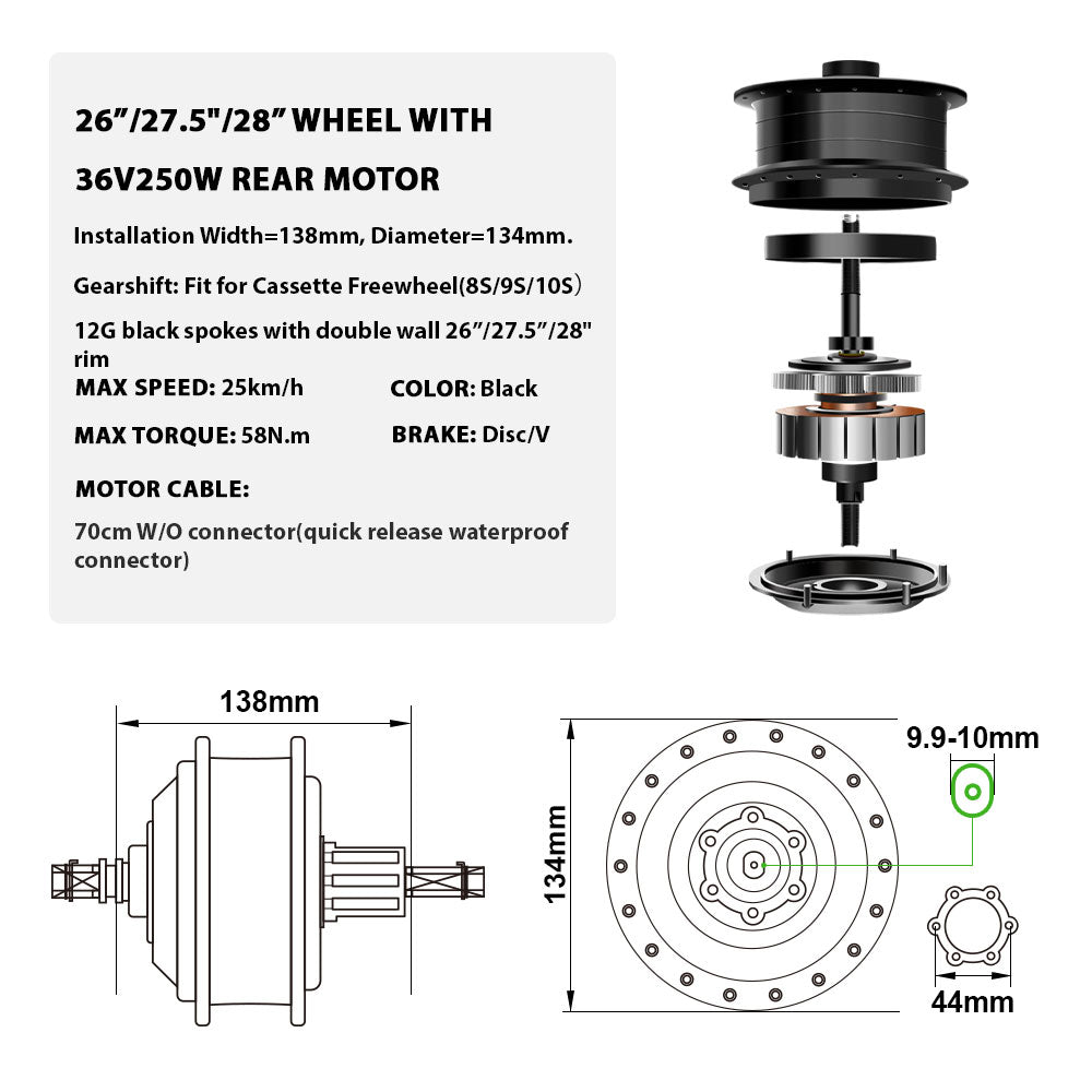 36V250W 26"/27.5"/28" Rear E-Bike Conversion Kit for Cassette with 36V13Ah HL1 Battery