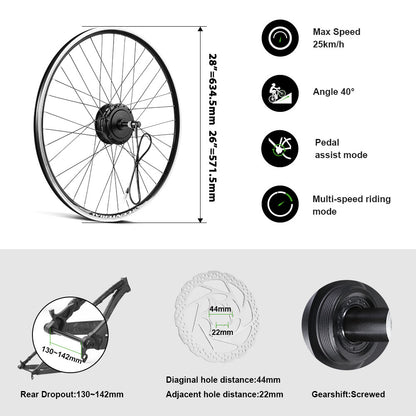 36V250W 26"/28" Rear E-Bike Conversion Kit for Freewheel with 36V13Ah HL1 Battery