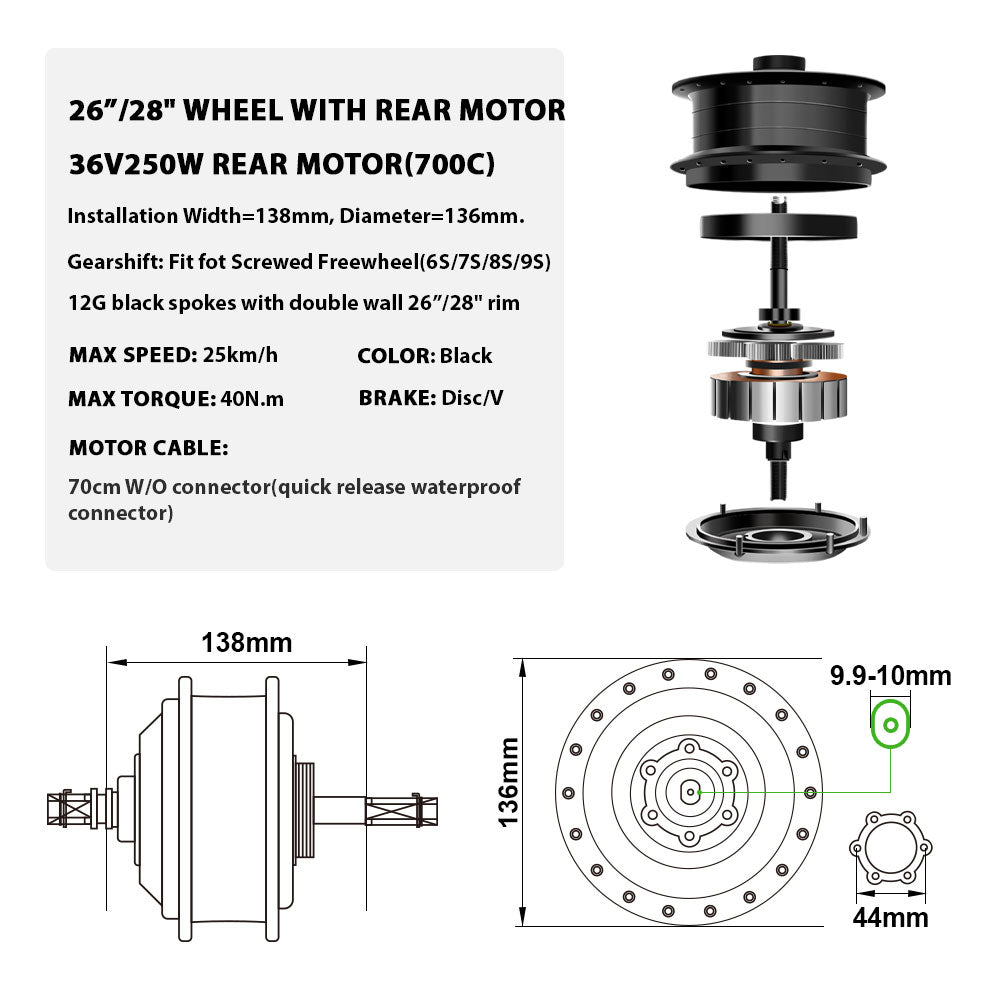 36V250W 26"/28" Rear E-Bike Conversion Kit for Freewheel with 36V13Ah HL1 Battery