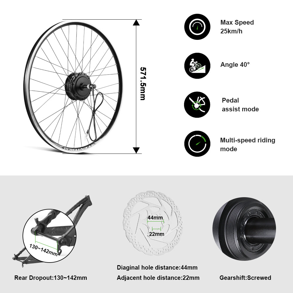 36V250W 26"/28" Rear Ebike Conversion Kit for Freewheel Non waterproof