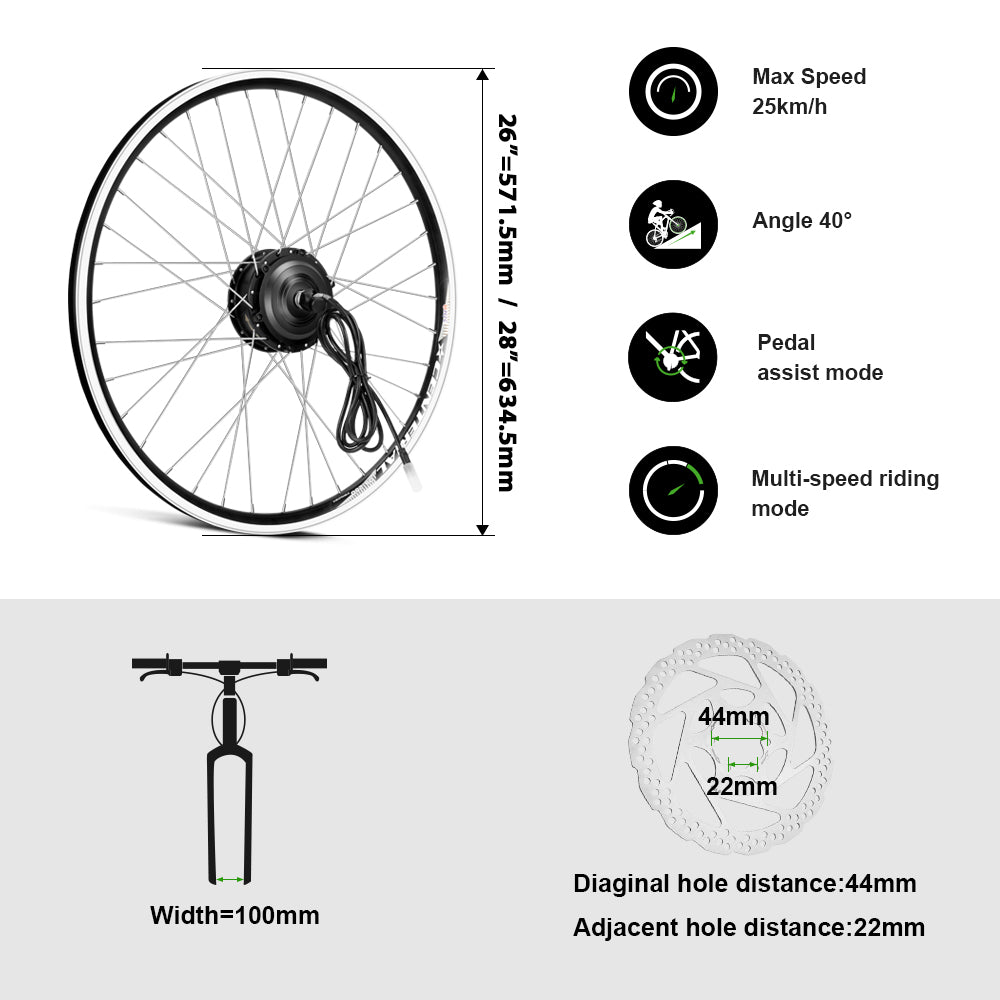 36V250W 26"/28" Front E-Bike Conversion Kit + 36V15.6Ah HL Plus Battery