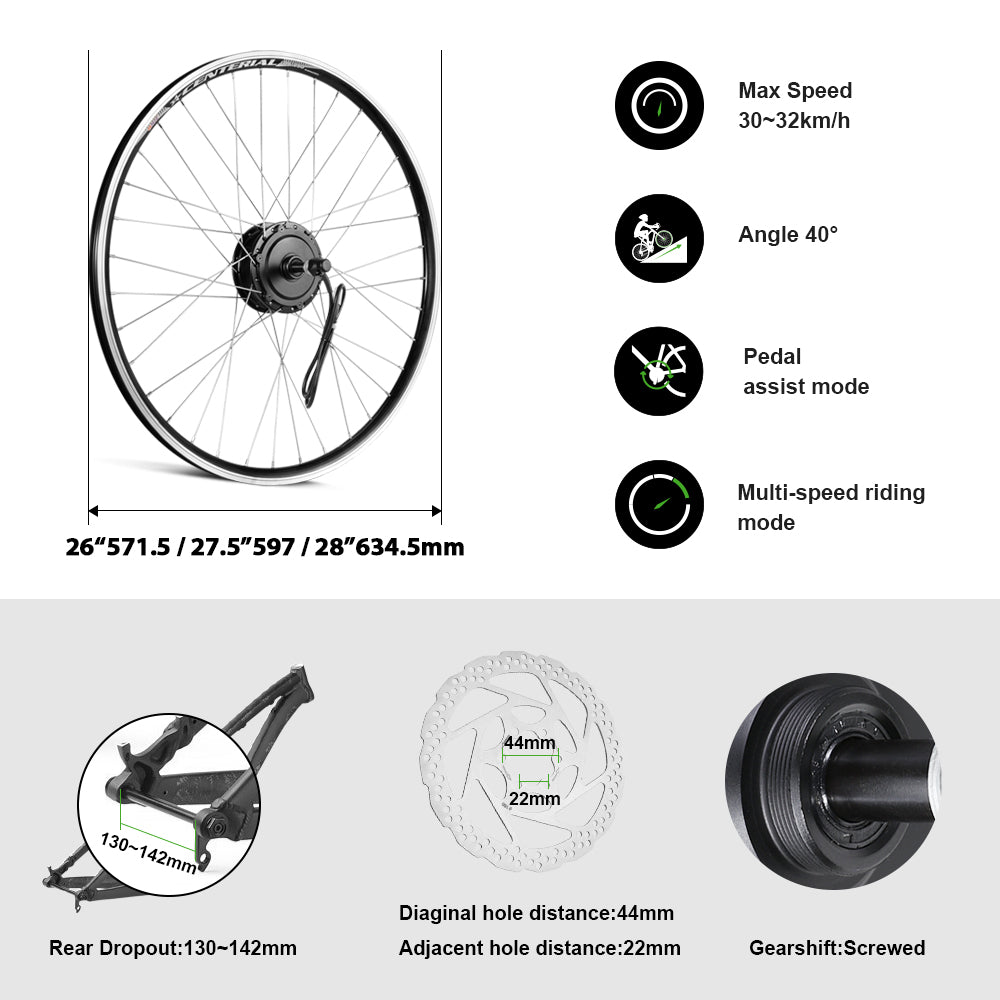 36V350W 26"/27.5"/28" Rear E-Bike Conversion Kit for Freewheel with 36V13Ah HL1 Battery