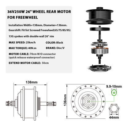 36V250W 26"/28" Rear Ebike Conversion Kit for Freewheel Non waterproof