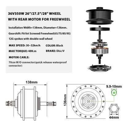 36V350W26"/27.5"/28" Rear E-Bike Conversion Kit for Freewheel