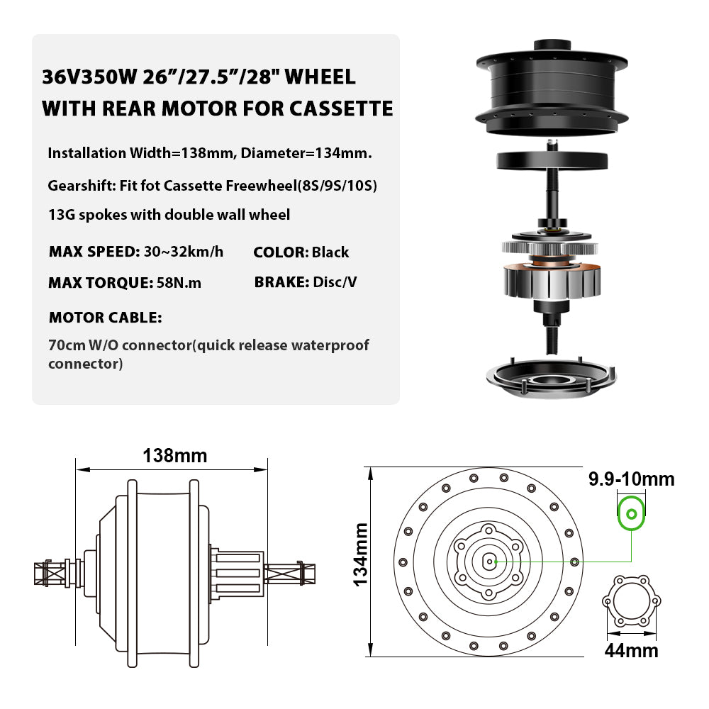 36V350W26"/27.5"/28" Rear E-Bike Conversion Kit for Cassette