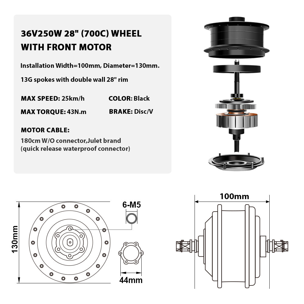 36V250W 26"/28" Front E-Bike Conversion Kit + 36V15.6Ah HL Plus Battery