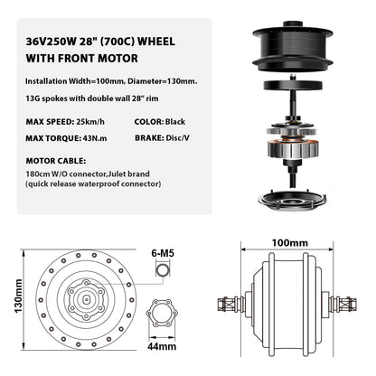 36V250W 26"/28" Front E-Bike Conversion Kit + 36V15.6Ah HL Plus Battery